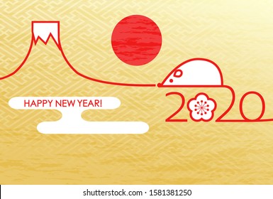 Japanese New Year's card template for 2020 with Mt.Fuji and zodiac mice on the first sunrise