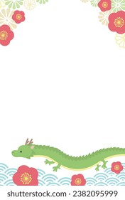 Japanese New Year's card template with a green dragon and flowers