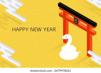 Japanese New Year's card for the year of the Snake 2025, simple isometric illustration of a snake and a torii gate. - Translation: Happy New Year. Snake.