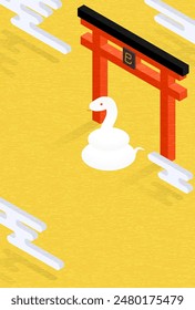 Japanese New Year's card for the year of the Snake 2025, simple isometric illustration of a snake and a torii gate. - Translation: Snake.