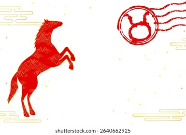 Japanese New Year's greeting card for the year 2026, Japanese Pattern background with standing horse and ekasumi - Translation: horse