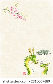 Japanese new year's postcard template painted of parent and child dragon by ink and watercolor
It is written in Japanese meaning "Year of the dragon"
