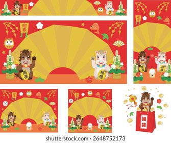 Banner de venda de Ano Novo japonês definido para o Ano do Cavalo. Tradução : "Saudações do Ano Novo" "Boa sorte charme" "Boa sorte" "Fortune" "Sorte saco"