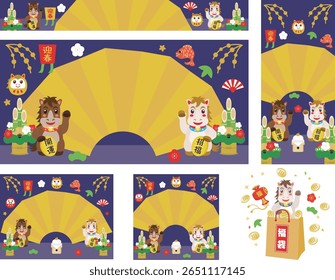 Japanese New Year's sale banner set for the Year of the Horse. Translation : "Greeting the New Year" "Good luck charm" "Good luck" "Fortune" "Lucky bag"