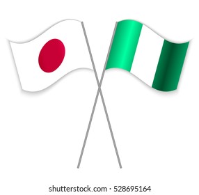 Japanese and Nigerian crossed flags. Japan combined with Nigeria isolated on white. Language learning, international business or travel concept.
