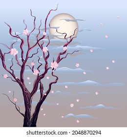 Japanese night lunar landscape with petals and flowers in the air. Springtime dry sakura tree branches. Cherry, apple or almond blossom under full moon.
