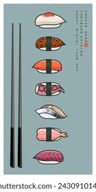 Japanese Nigiri Sushi with chopsticks. Rice and fresh fish and seafood. Icon set with English text like of Japanese characters.