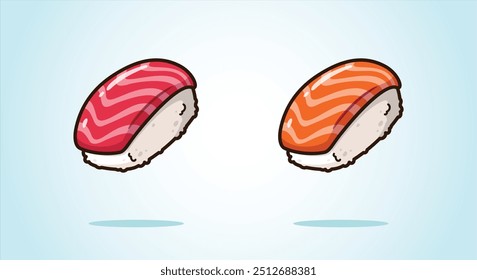 Japanese Nigiri Sushi - Maguro and Sake Nigiri Sushi. Sushi with tuna and salmon. vector cartoon illustration