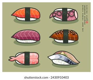 Japanese Nigiri Sushi. Rice with fresh fish and seafood. Icon set with English text like of Japanese characters.