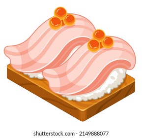 Japanese nigiri sushi with squid and caviar on wooden platter boards (Ika sushi rice) illustration vector.