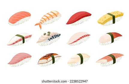 Japanese nigiri sushi vector set. Different types of sushi isolated on white background. Asian food.