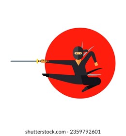 Japanese ninja assassin vector. Man dressed in black suit striking with sword in jump. Multicolored flat vector icon representing people activities and professions concept isolated on white background