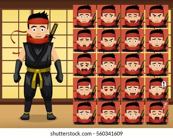 Japanese Ninja Cartoon Emotion faces Vector Illustration