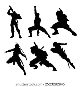 Japanese Ninja Holding Katana Silhouette Action Pose Vector white background Vol 06