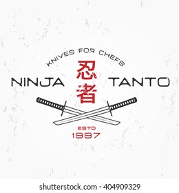 Japanese Ninja Logo. Tanto knife insignia design. Vintage japan badge. Martial art Team t-shirt illustration concept on grunge background.