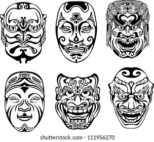 Japanese Nogaku Theatrical Masks. Set of black and white vector illustrations.