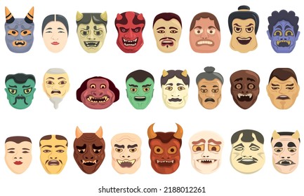 Japanese noh mask icons set cartoon vector. Angry asian. Creepy mask