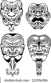 Japanese Noh Theatrical Masks. Set of black and white vector illustrations.