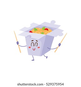 Japanese noodle in paper box character with smiling face and chopsticks, cartoon vector illustration isolated on white background. Cute and funny smiling noodle box character, Asian cuisine