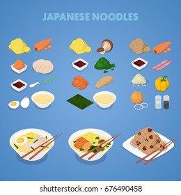 Fideos japoneses. comida asiática, tailandesa, china. Ilustración del vector