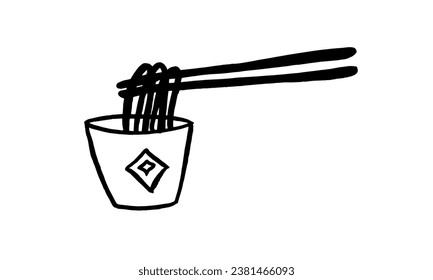 Japanese noodles in a bowl and chopsticks. Vector. Sketch, hand drawing, illustration, doodle, ink. Cafe, restaurant, lunch, hot food, traditional oriental cuisine. Black on white. Eps10