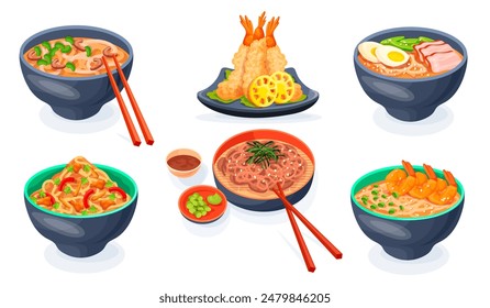 Juego de tazones de fideos japoneses. Comida asiática coreana china variedad de platos de sopa tailandesa, plato de tazón de fideos ramen udon soba con salsa de gambas y pollo vegetal, Ilustración vectorial ordenada