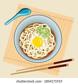 Japanese noodles with egg and spring onions
