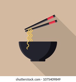 Japanese noodles flat icon with long shadow isolated on beige background. Simple noodles in flat style. Japanese cuisine vector illustration. Bowl of noodles with a pair of chopsticks.