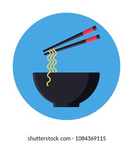 Japanese noodles flat icon with long shadow isolated on blue background. Simple noodles in flat style. Japanese cuisine vector illustration. Bowl of noodles with a pair of chopsticks.