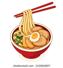 Japanese noodles ramen with chopsticks (miso ramen noodles) isolated illustration vector.