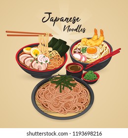 Japanese noodles: ramen, udon, and soba.