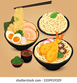 Japanese Noodles: Ramen, Udon And Soba Vector.