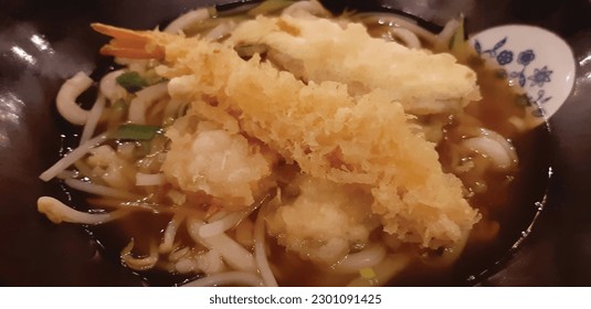 Japanese noodles soup in a big brown bowl