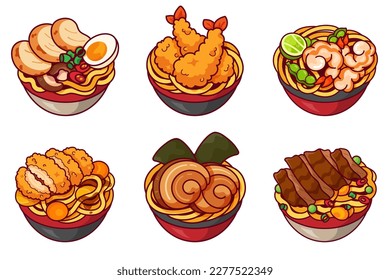 Sopa japonesa de fideos con pollo, camarón frito o gamba, chashu de cerdo y vector de ilustración de carne. Tempura de camarón asiático fideos udon. Viñeta de dibujos animados sobre la sopa de fideos de ramen de comida japonesa. Fideos de pescado 