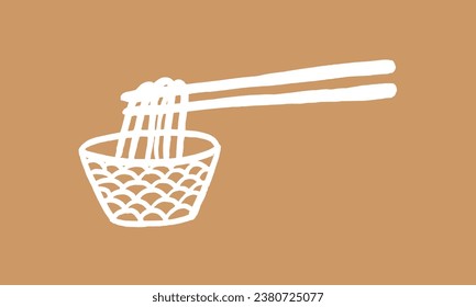 Japanese noodles, vector. Sketch, drawing, doodle, ink. Cafe, restaurant, lunch, food, snack, Eastern cuisine. White on beige. Eps10