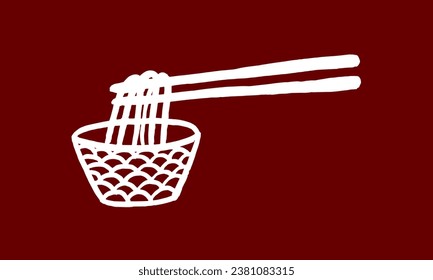 Japanese noodles, vector. Sketch, drawing, calligraphy, ink. Cafe, restaurant, lunch, hot food, snack, Eastern cuisine. White on cherry. Eps10