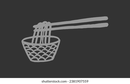 Fideos japoneses, vector. Esbozo, dibujo, caligrafía, tinta, pincel. Cafetería, restaurante, almuerzo, comida caliente, tentempiés, cocina oriental. Fondo gris. Eps10