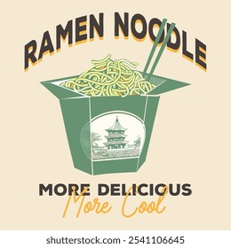 Japanese noodles vintage graphic print design for t shirt, apparel, posters, background and others. Japan ramen artwork. Delicious ramen vintage poster design.