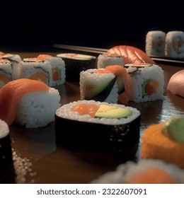 Japanese nori rolls with rice and fish fresh food pattern realistic vector graphics 3d for restaurant and menu photography