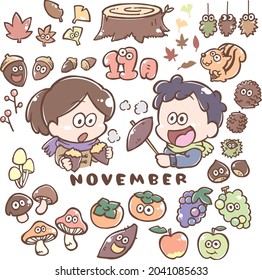 Japanese NOVEMBER illustration (sweet potato, mushroom, grape, apple etc)