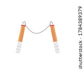Japanese nunchaku weapon - traditional two fighting sticks with chain, isolated on white background. Cartoon nunchuks for martial arts, vector illustration.