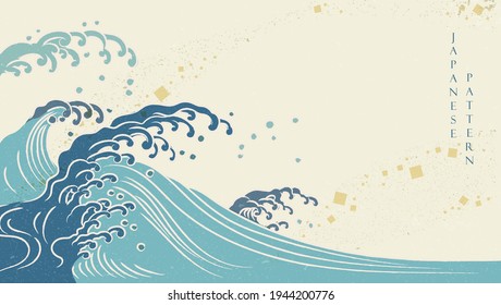 Japanese Ocean Background With Grunge Texture Vector. Asian Traditional Banner Design With Hand Drawn Wave Pattern In Vintage Style. 