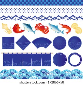 Japanese ocean wave icons and fish illustrations.