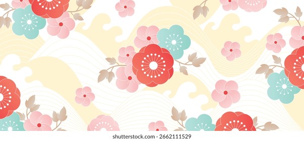 Vetor de fundo de padrão de ondas do oceano japonês. Papel de parede design oriental com padrão de onda do mar, flor de flor de cereja. Ilustração para banner, arte de parede, site, interior.