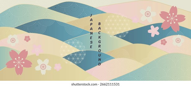 Vector de fondo de patrón de onda oceánica japonesa. Diseño oriental del Fondo de pantalla con el modelo de la onda del mar, flor de la flor del cerezo. Ilustración para el Anuncio, arte de la pared, Sitio web, interior.