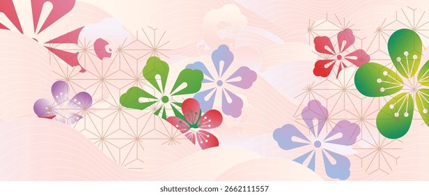 Japanese ocean wave pattern background vector. Wallpaper oriental design with sea wave pattern, cherry blossom flower. Illustration for banner, wall art, website, interior.