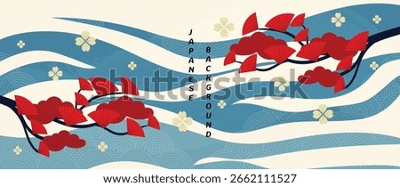 Japanese ocean wave pattern background vector. Wallpaper oriental design with wave pattern, cherry blossom flower, ginkgo leaves branch. Illustration for banner, wall art, website, interior.