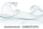 Japanese ocean waves pattern on white background. Vector illustration of oriental line art ornament, elegant wallpaper with storm splashes, asian style banner design with abstract green doodle texture