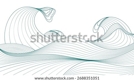 Japanese ocean waves pattern on white background. Vector illustration of oriental line art ornament, elegant wallpaper with storm splashes, asian style banner design with abstract green doodle texture