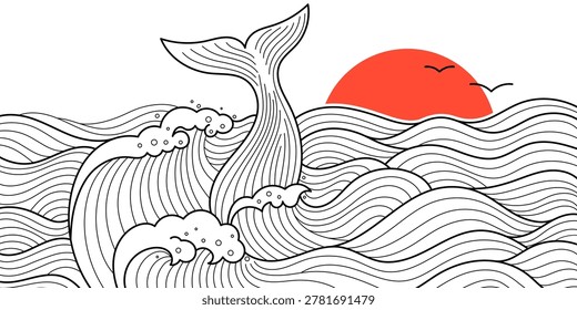 Japanese Ocean Waves with Whale Tail Banner, Hand-Drawn Line Art Nature Background, Oriental Doodle Sea Illustration, Modern Design